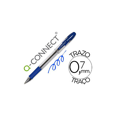 Q-CONNECT Stylo-bille transparent trait 0.4mm pointe moyenne 0.7mm encre douce grip caoutchouc coloris bleu x 12