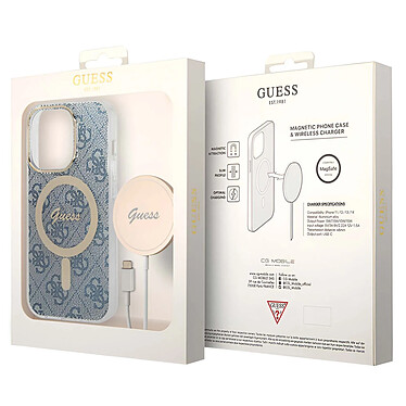 Guess Pack MagSafe pour iPhone 14 Pro Max Coque Motif et Chargeur MagSafe Bleu pas cher