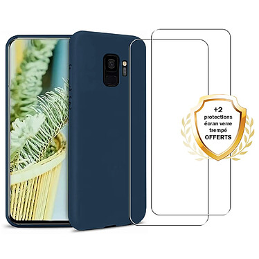 Evetane Coque Samsung Galaxy S9 Silicone liquide Bleu Marine + 2 Vitres en Verre trempé Protection écran Antichocs