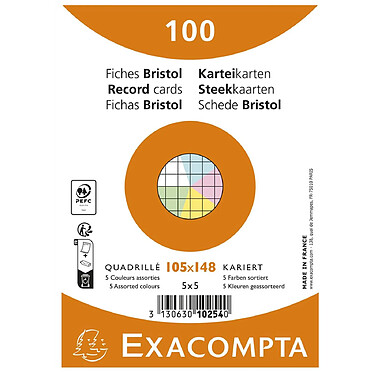 EXACOMPTA Paquet de 100 fiches Bristol quadrillé 5x5 non perforé 105x148mm - Assorties