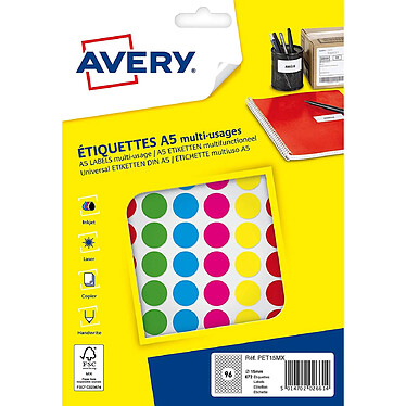 AVERY Sachet de 672 pastilles Ø15 mm. Imprimables. Coloris assortis.