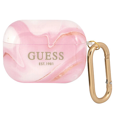 Guess Coque pour AirPods Pro Marbrée Silicone Rigide avec Mousqueton Rose