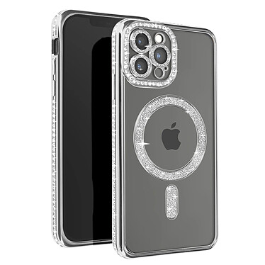 Avizar Coque Diamant pour iPhone 13 Pro Max Protection MagSafe Contour Strass Argent