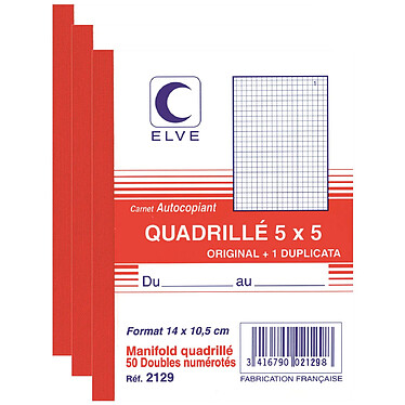 ELVE Manifold Autocopiant Quadrillé 5 x 5 140 x 105 mm 50 Feuillets Dupli x 3