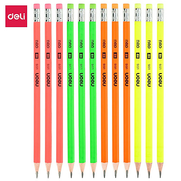 Avis DELI Boîte 12 crayons graphite HB corps triangulaire couleur Néon bout gomme x 12