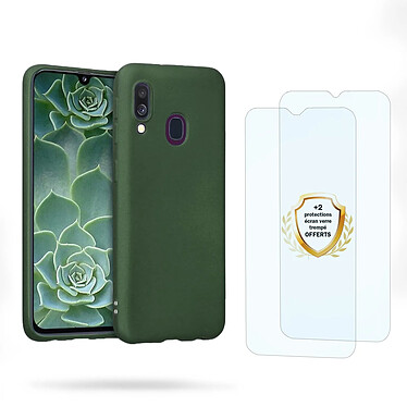 Evetane Coque Samsung Galaxy A40 Vert Foret Silicone liquide + 2 Vitres en Verre trempé Protection écran Antichocs