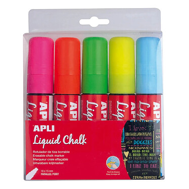 APLI Etui de 5 Marqueurs Craie Liquide Effaçable Pointe Biseau