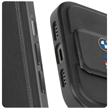 BMW Coque pour iPhone 15 Pro Simili Cuir Béquille Support Noir pas cher