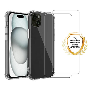 Evetane Coque iPhone 15 Plus Antichoc Silicone bords renforcés + 2 Vitres en verre trempé Protection écran