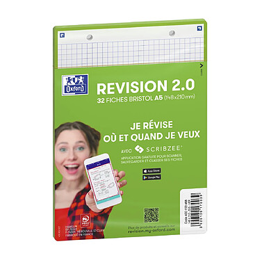 OXFORD Paquet de 32 Fiches Bristol revision 2.0 Perforées 148x210 mm A5 Q5/5 vert