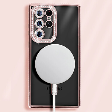 Avizar Coque Diamant pour Samsung Galaxy S22 Ultra MagSafe Contour Strass Rose Champagne pas cher