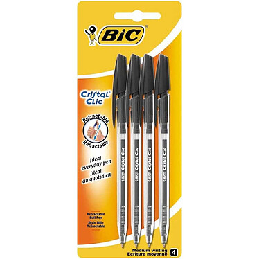 BIC Blister de 4 Stylos-bille Cristal Clic Pointe moyenne Noir