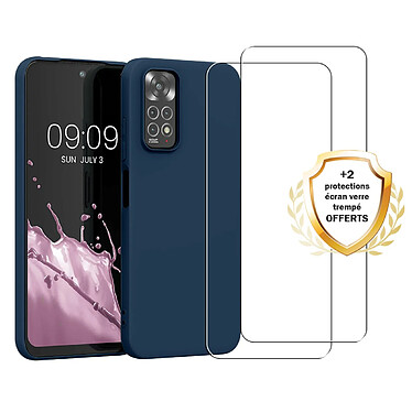 Evetane Coque Redmi Note 11 Silicone liquide Bleu Marine + 2 Vitres en Verre trempe Protection ecran Antichocs