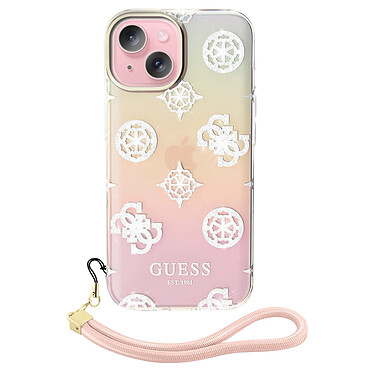 Guess Coque pour iPhone 15 Bords Surélevés et Dragonne Intégrée Multicolore