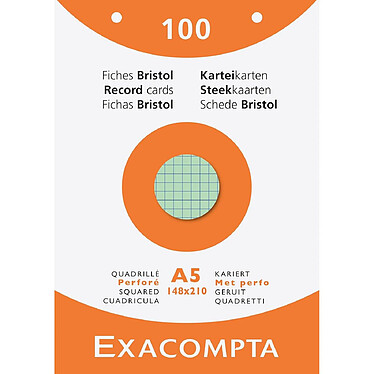 EXACOMPTA Étui de 100 fiches bristol quadrillé 5x5 perforé 148x210mm Couleurs assorties x 10