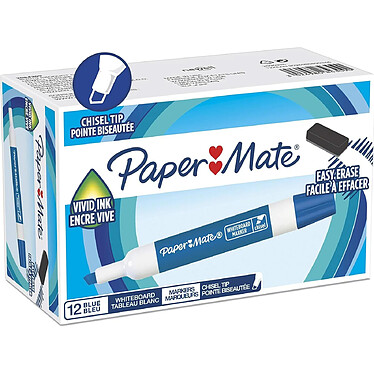 PAPER MATE Marqueur tableau blanc, pointe biseautée, bleu x 12