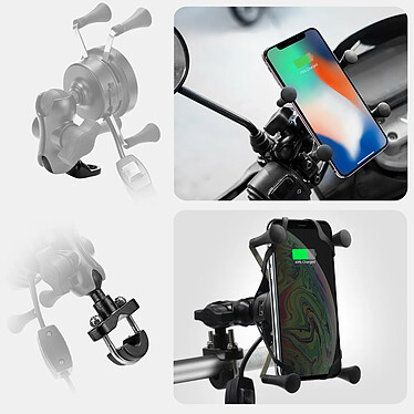 Avizar Support Moto avec Chargeur Sans Fil QI 10W + USB QC 3.0 Rétroviseur Guidon Noir pas cher