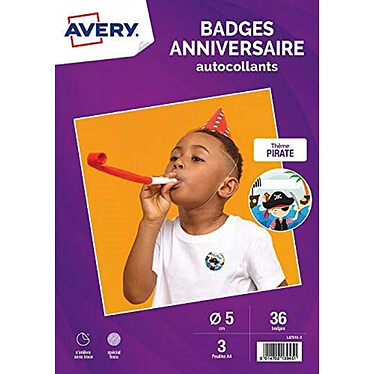 AVERY Sachet de 36 badges anniversaire autocollants Pirate Ø51 mm