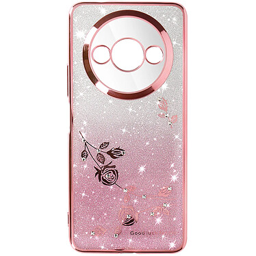 Avizar Coque Fleurs Pailletées pour Xiaomi Redmi A3 Silicone Bague Support Rose Champagne