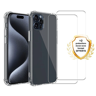 Evetane Coque iPhone 15 Pro Max Antichoc Silicone bords renforcés + 2 Vitres en verre trempé Protection écran