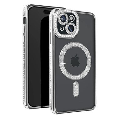 Avizar Coque Diamant pour iPhone 15 Protection MagSafe Contour Strass Argent