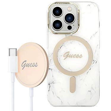 Guess Pack pour iPhone 14 Pro Max Coque Marbre et Chargeur MagSafe 15W Blanc