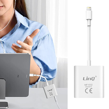 LinQ Adaptateur 2 en 1 Lightning vers Jack 3.5mm Audio + Lightning Charge  Blanc pas cher