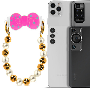 Avis Avizar Bracelet Téléphone perle dorée et blanche Clip Design Nœud papillon