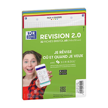 OXFORD Paquet de 32 Fiches Bristol revision 2.0 Perforées 148x210 mm A5 Q5/5 coloris assortis