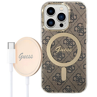 Guess Pack MagSafe pour iPhone 14 Pro Coque Motif et Chargeur MagSafe 15W Dorée