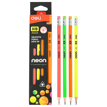 DELI Boîte 12 crayons graphite HB corps triangulaire couleur Néon bout gomme x 12