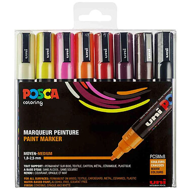 POSCA Set de 8 marqueurs PC5M pointe conique moyenne Couleurs chaudes assorties