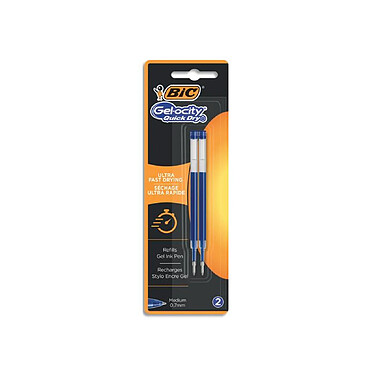 BIC Pack de 2 Recharges Gel-ocity Quick Dry Pointe Moyenne (0,7 mm) - Bleu