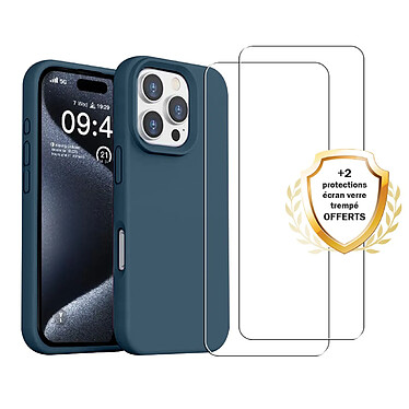 Evetane Coque iPhone 16 Pro Max Silicone liquide Bleue Marine + 2 Vitres en Verre trempe Protection ecran Antichocs