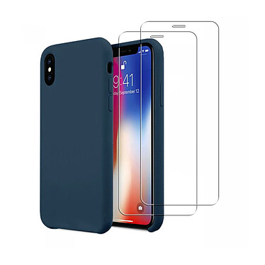 Acheter Evetane Coque iPhone X/XS Silicone liquide Bleu Marine + 2 Vitres en Verre trempé Protection écran Antichocs