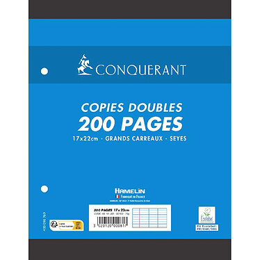 CONQUÉRANT Copies Doubles 17x22cm 200 Pages 70g Grand Carreaux Sous Film Blanches