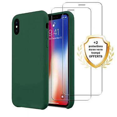 Evetane Coque iPhone X/XS Silicone liquide Vert Foret + 2 Vitres en Verre trempé Protection écran Antichocs