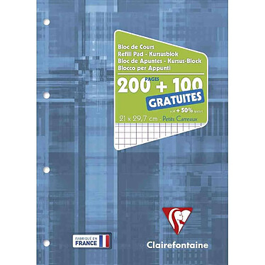 CLAIREFONTAINE Bloc de cours 21x29,7cm 200+100 pages gratuites 90g Q5x5 perforé 4 trous