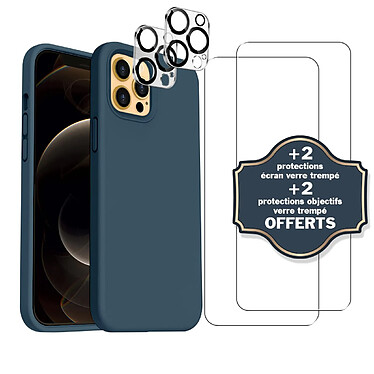 Evetane Coque iPhone 12 Pro Bleue Silicone Liquide + 2 Protections écran et 2 protections Objectif Caméra