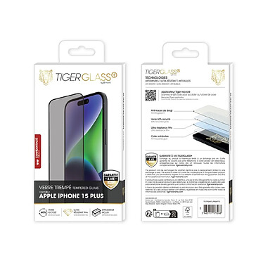 Avis Tiger Verre Trempé pour iPhone 15 Plus Recyclé Confidentiel Ultra-résistant Noir transparent