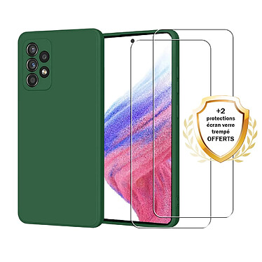 Evetane Coque Samsung Galaxy A53 Silicone liquide Vert Foret + 2 Vitres en Verre trempe Protection ecran Antichocs