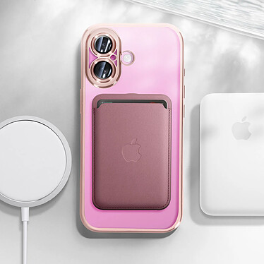 Avis Avizar Coque MagSafe pour iPhone 16 Silicone Contour Chromé Rose Champagne