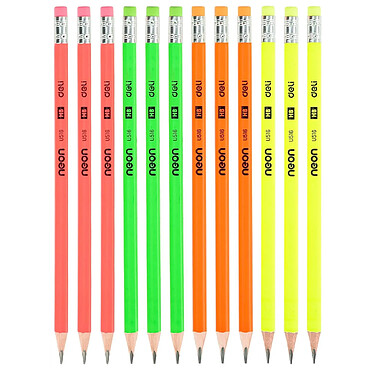 DELI Boîte 12 crayons graphite HB corps triangulaire couleur Néon bout gomme x 12 pas cher