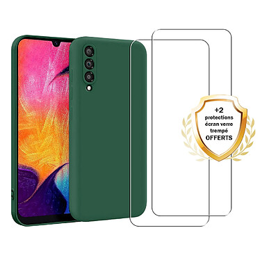 Evetane Coque Samsung Galaxy A50 Silicone liquide Vert Foret + 2 Vitres en Verre trempe Protection ecran Antichocs