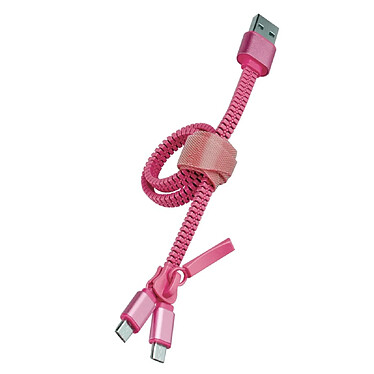 Muvit Câble 2 en 1 Double Micro USB vers USB A 2.0 en Forme de Fermeture Éclair Rose