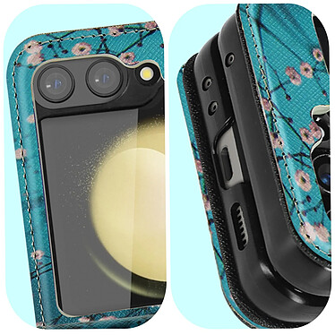 Avizar Coque Plum Blossom pour Samsung Galaxy Z Flip 5 Rigide revêtement simili cuir  Bleu pas cher