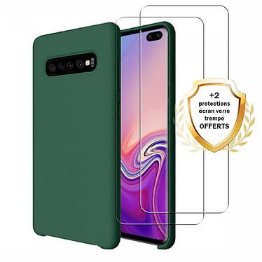 Evetane Coque Samsung Galaxy S10 Silicone liquide Vert Foret + 2 Vitres en Verre trempé Protection écran Antichocs