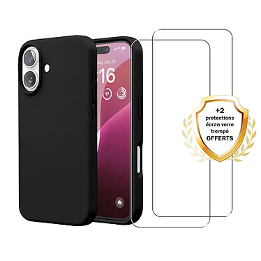 Evetane Coque iPhone 16 Silicone liquide Noire + 2 Vitres en Verre trempe Protection ecran Antichocs