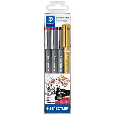 STAEDTLER Pigment liner, étui de 3 + marqueur métal gratuit