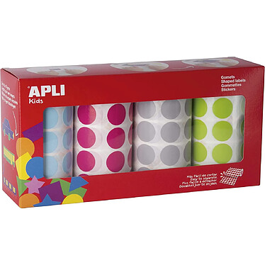 APLI Pack 4 rouleaux de 1770 Gommettes Rondes Ø 20 mm bleu clair/fuchsia/gris/vert clair